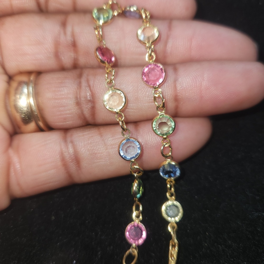 Gold Tone Multi Color Crystal Bezel Set Link Bracelet Rainbow Round Stones 6.5in